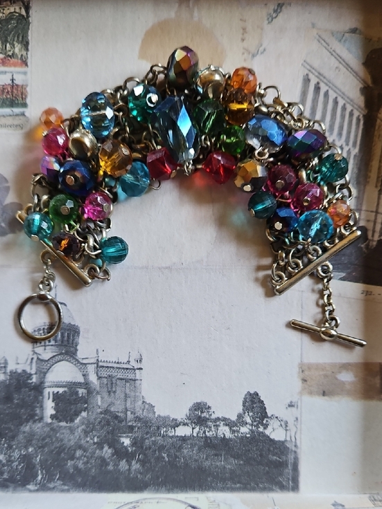Macy's Jewelry - Multicolor Crystal Aurora Borealis Cluster Toggle Mesh Wide Bracelet Gold Tone